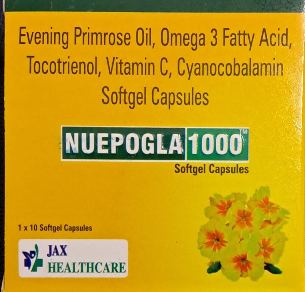 Evening Primrose Oil, Omega 3 Fatty Acid, Tocotrienol, Vitamin C, Cyanocobalamin Softgel Capsules